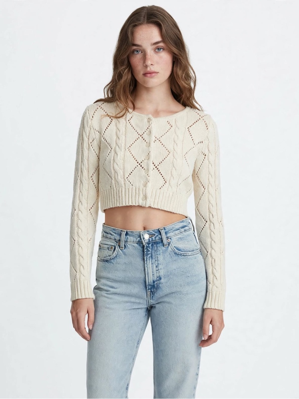 Brandy Melville John Galt Cream Athelia Cable Knit Cropped Cardigan One Size XS